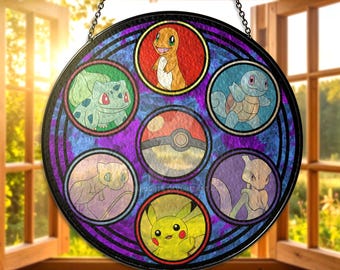 Atrapasol colgante de cristal tintado con diseño de Pikachu, Charmander y Bulbasaur (Inicio) - Regalos de Navidad