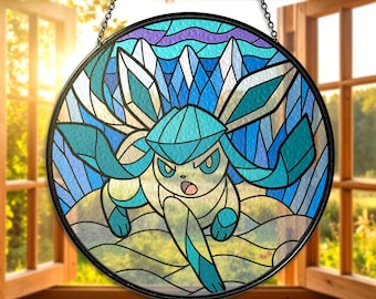 Glaceon Stained Glass Suncatcher Glaceon Ice Type Window Hanging Decor Cute Anime Gift for Glaceon Fans Collectors, Glaceon Suncatcher Decor