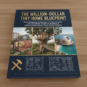 May include: A navy blue hardcover book titled "THE MILLION-DOLLAR TINY HOME BLUEPRINT" featuring images of various tiny homes. The book's subtitle reads "From Shipping Containers to Tree Houses: The Complete Guide to Building a Million-Dollar Short-Term Rental Empire."