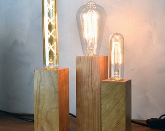 Edison Wood lamp, Cherry Wood, Trio set, LED Table Lamp, Desk Lamp, wood lamp, unique lighting, accent Lighting