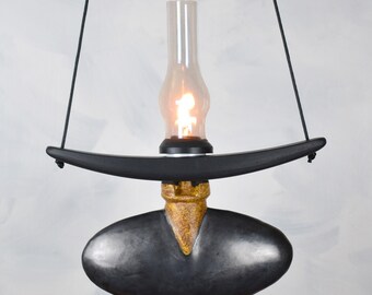 Oil Lamp, Hanging Lamp, Oval, Black, Pewter