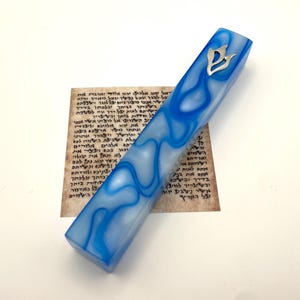 Blue and White Acrylic Mezuzah Case | 5 Inches | Custom Shin Style | Abstract Ocean Wave Pattern | Renter Friendly Tape | Plastic