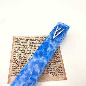 Sky Blue Acrylic Mezuzah Case | 5 Inches | Custom Shin Style | Marble Blue, White, and Silver Pattern | Renter Friendly Tape