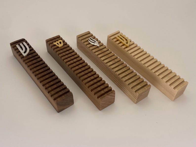 Modern Wooden Mezuzah Case with Horizontal Grooves, Handmade, Maple / Walnut / Ash, 4 to 12 Inches, Renter Friendly Tape, Custom Size + Shin