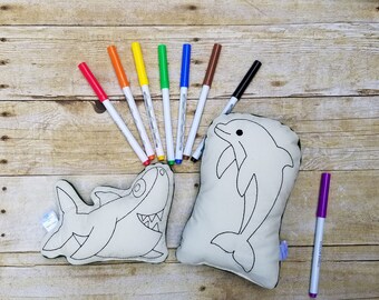 Doodle Its Washable Coloring Stuffies  Shark and Dolphin - Coloring Fun -  Pretend Play -  Great for Parties and Road Trips