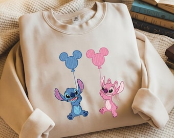 Felpa ricamata con Stitch e Angelo che tengono palloncini, maglietta con coppia di angeli Stitch