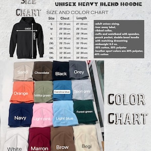 May include: A size and colour chart for a unisex heavy blend hoodie. The chart displays chest and length measurements in centimetres, along with a colour palette including sand, black, and navy. The hoodie features a tear-away label and ribbed collar.