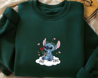 Disney Stitch with Flower Embroidered Hoodie, Stitch Matching Sweatshirt
