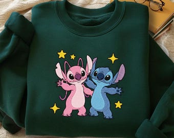 Sudadera de cuello redondo bordada con Stitch y ángel, camiseta para pareja