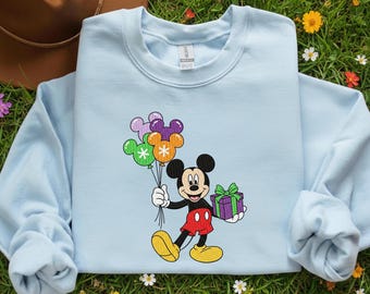 Sudadera bordada de Mickey Mouse con globos, camiseta de Mickey adorable, cuello redondo de viaje a Disney