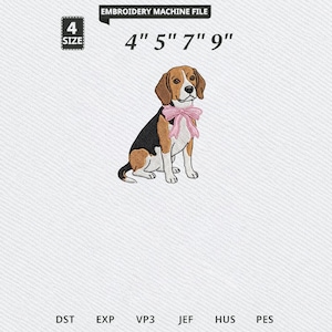 Pode incluir: Um arquivo de máquina de bordar com um cão beagle de pelagem marrom, preta e branca, usando um laço rosa claro no pescoço. O texto diz EMBROIDERY MACHINE FILE, 4 SIZE, 4" 5" 7" 9". Formatos de arquivo: DST, EXP, VP3, JEF, HUS e PES.