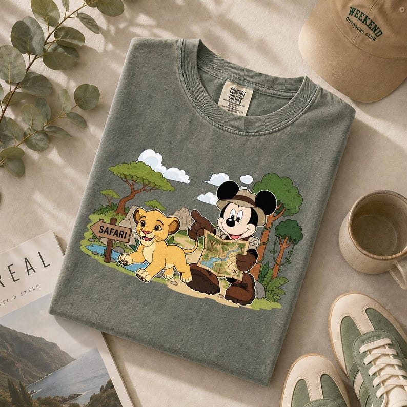Op de afbeelding: Saliegroen t-shirt met een afbeelding van Mickey Mouse en Simba uit The Lion King op safari. Mickey draagt een safarihoed en houdt een kaart vast. Simba zit naast een bord met "Safari".