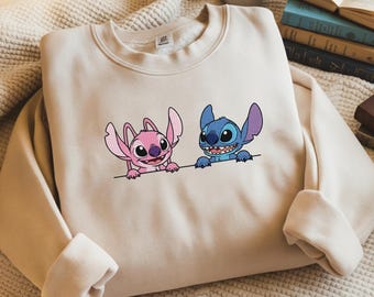 Sudadera de cuello redondo bordada con Stitch y ángel, camiseta para pareja