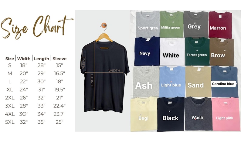 May include: A black t-shirt hangs on a wooden hanger, with measurements for width, length, and sleeve length. A size chart is on the left. Various t-shirt colours are displayed, including grey, navy, white, and pink.