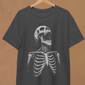 Screaming Skeleton Graphic T-Shirt, Retro Gothic Skull Tee, Vintage Horror Rib Cage Shirt, 90s Grunge Punk Rock Top, Halloween Streetwear