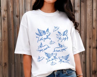 When Pigs Fly T-Shirt, Whimsical Flying Pig Tee -  Oversized Comfort Colors 1717 Cotton Graphic Tee