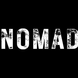 May include: The word "NOMAD" in bold, distressed white lettering against a solid black background. The letters have a textured, worn appearance, suggesting a vintage or rugged aesthetic. The design is simple and impactful.