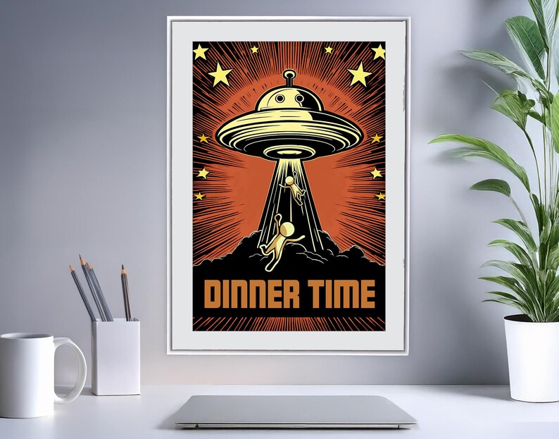 Funny Kitchen Print: Alien Abduction Art, Sci Fi Decor, Dinner Time ...