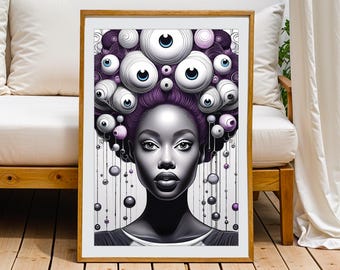 Retrato surrealista / Arte de mujer negra / Regalo para amantes de la informática (Impresión de 12x18 pulgadas)