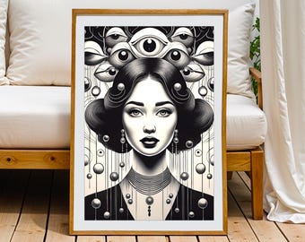 Retrato surrealista / Arte de mediados de siglo / Regalo para amantes de la informática / Decoración para oficinas tecnológicas (Impresión de 12x18 pulgadas)