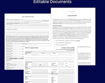 May include: A set of printable real estate rental forms and lease agreement templates. The forms include a unit condition form, a rental application, and a lease agreement. The forms are editable and can be used by landlords and tenants.