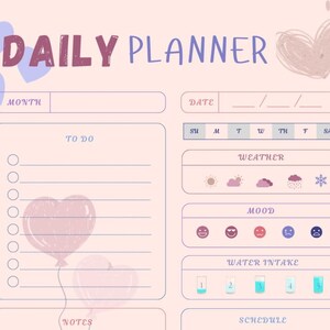 May include: A pink daily planner with a heart design. The planner has sections for month, date, to do, notes, weather, mood, water intake, and schedule.