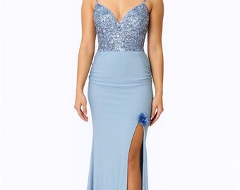 Sequin Blue Dress: Backless High Slit Evening Gown