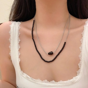 Layered Black Stone Beaded Choker: Gothic Minimalist Necklace