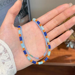 Lapis Lazuli Irregular Bead Collarbone Chain｜Pearl Layered Necklace | Royal Blue with Gold Accent Beads | Necklace for Women | Gift For Her