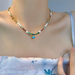 Turquoise Necklace/Real Pearl Necklace/Vintage Turquoise Necklace/Gemstone Bead Necklace/Healing Stone Jewelry/Bridesmaid Gift/Gift For Her