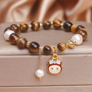 Cartoon Labubu Crystal Charm Bracelet/Dopamine Student Bracelet/Tiger Eye Stone Bracelet/Cute Jewelry/Labubu Charm Jewelry/Gift For Her