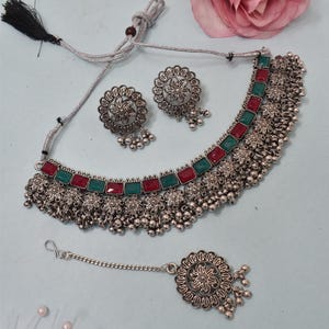 German silver Multicolored Ghugharoo Necklace set Oxidised choker set for women Handmade | navratri jewellery set with earrings n maangtika