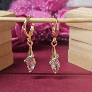 Elegant Ad Stone Teen Girls & Women Huggie Hoop Bali Earrings with Dangle|Dainty Drop Earrings|Minimalist Rose Gold Hoops|Everyday Earrings