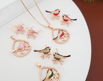 Rose Gold Bird Pendant Set | Enamel Flower Necklace Earrings, AD Stone Minimalist Jewelry
