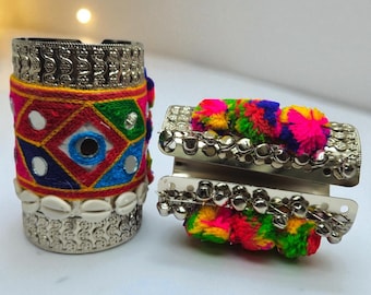 Kachhi Embroidered Bangles: Mirror Work Gamthi Kada Set - Navratri Jewelry
