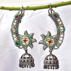 Oxidized Silver Dual Tone EarCuff Bugadi Earrings | Tribal jhumaki Ear Wrap Jhumka | Antique Clip-on Garba Earrings for Women & Girls