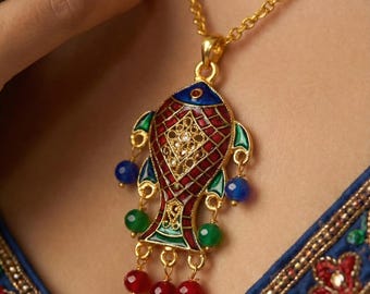 Handmade Enamel Vintage style Artistic Meenakari Classic Design Fish motif Pandant with chain