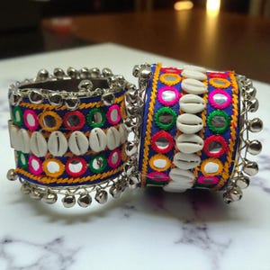 Handmade Kachhi Embroidered shell Mirror Work Bangles | Gamthi Kada Set of 2 | Ecofriendly Navratri Accessories | Traditional Garba Bracelet