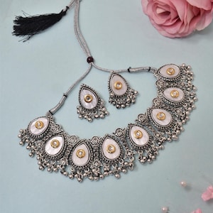Silver Choker Necklace set with earring Oxidised Trendy Designer Necklace set for Navratri Garba Jewelery for women Girls Navratri Jewelery
