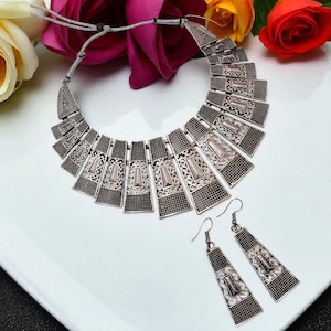 Oxidised German Silver Indian Traditional Hansli Necklace set with earrings for women n girls | Navratri Jewellery set | Hansali Choker set