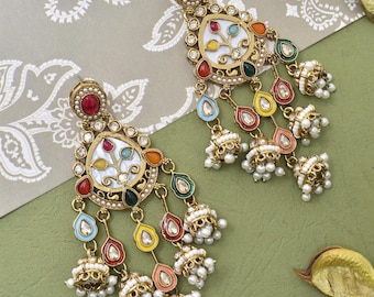 Handmade Kundan Polki Earrings | Champagne Jadau, Sabyasachi Style Chandeliar Kashmiri earring