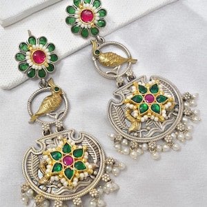 Duel tone German Silver oxidised Meenakari kundan Tribal boho Indian wedding Antique Designer long partywear bugadi earring for women n girl