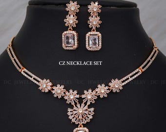 Rose Gold CZ Bridal Jewelry Set | American Diamond Necklace & Earring