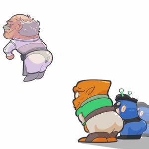 May include: A cartoon illustration showing several characters. One is an older man with white hair and a moustache, wearing a white and purple outfit. Other characters include orange and blue figures with unique features and clothing.