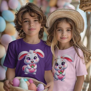 Adorable t-shirt en coton pour enfants avec lapin, t-shirt avec lapin de Pâques pour filles et garçons, tenue de printemps, cadeau d'anniversaire pour enfant, rose, violet, bleu, blanc