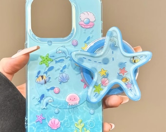 Ocean Themed Magnetic Phone Case with Starfish Magsafe Stand | Cute Dolphin Jellyfish Summer Beach Cover for iPhone 16 15 14 Pro Max
