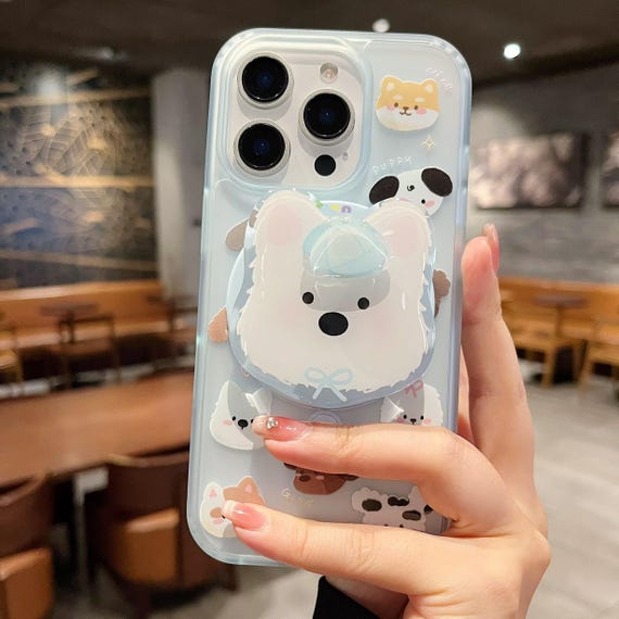 Kawaii Cartoon Dog Silicone Magnetic Phone Case with Stand Suppots Magsafe For iPhone 14 15 16 17 Pro Max, Cute Protective iPhone Cover