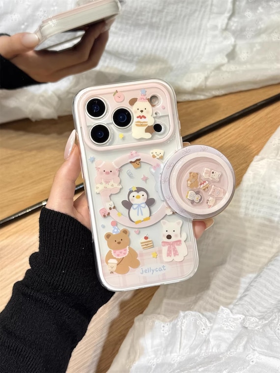 Pastel Animal Magsafe Phone Case with Pop Socket, Kawaii Penguin Bear Puppy, Cute iPhone Cover for iPhone 17 16 15 Pro Max