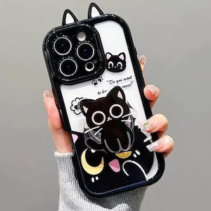 May include: Black and white phone case with a cat design. The case features a 3D cat with a pop-out grip, cat ears, and the text "Do you want sauce?" The case has a black border and a white background.