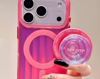 Hot Pink Pastel Aurora Laser Striped MagSafe Phone Case with Stand | Colorful Gradient iPhone Cover for iPhone 17 16 15